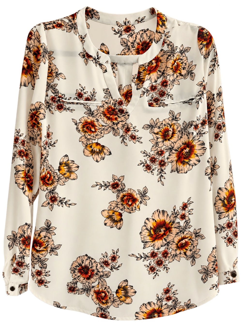 Maurices Cream Blouse with Orange and Brown Floral Print